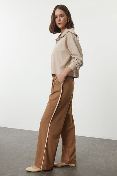 Trendyol Collection Brown Linen Trousers with Wide Leg and Side Stripe Detail - TWOAW25PL00028