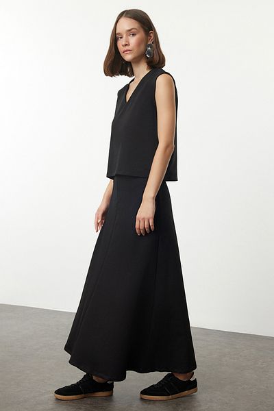Trendyol Collection Black V-Neck Maxi Blouse and Skirt Set - Normal Waist TWOAW25AU00078