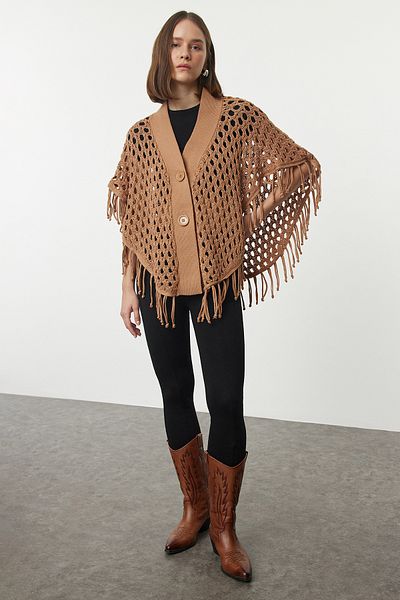 Trendyol Collection Ажурна жилетка от камилски трикотаж - детайлен пискюл, перфорирана Twoaw25Hi00329