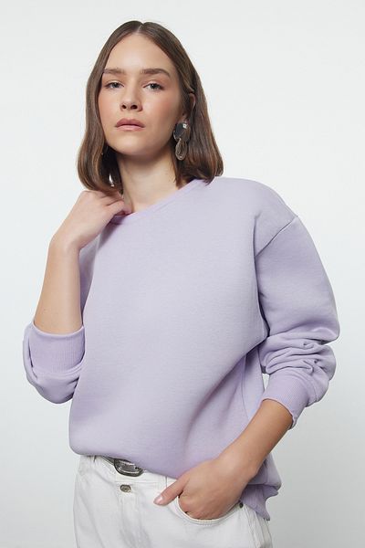 Trendyol Collection Lila Fleece-Sweatshirt mit Rundhalsausschnitt, innen dick, gestrickt, Twoaw24sw00101