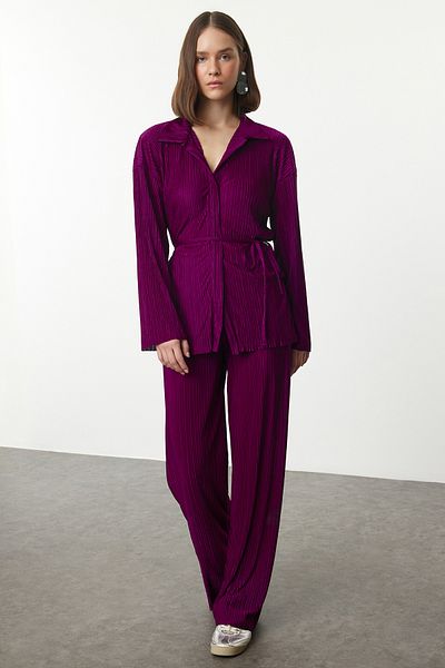 Trendyol Collection Comfortable Fit Plum Pleated Blouse and Trousers Set - Stretch Knitted Twoaw25au00120
