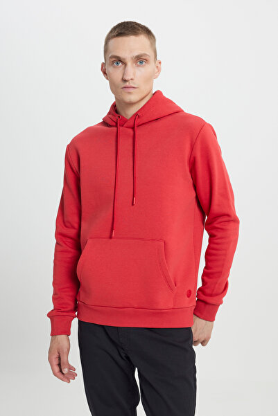 AC&Co / Altınyıldız Classics Men's Red Fleece Hooded Cotton Sweatshirt - Standard Fit