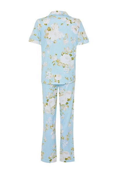 Trendyol Curve Blue Flower Patterned Knitted Pajamas Set - Shirt Collar TBBSS24AI00109