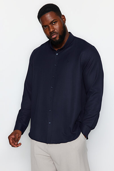 Trendyol Collection Large Size Navy Blue Oxford Shirt - Embroidery Detail, Easy to Iron Tmnaw24Ax00008