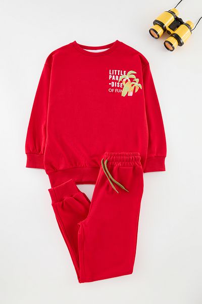 TRENDYOLKIDS Fiú piros nyomott pamut öltöny - TKDAW25AU00044