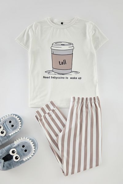 TRENDYOLKIDS Boy's Ecru Striped Pajama Set - Knitted Bottom-top Set Tkdaw25au00109