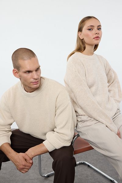 Trendyol Collection Beige Oversize-Passform für Paare/Paare, breite Passform, Rundhalsausschnitt, Basic-Strickpullover TMNAW23KZ00189