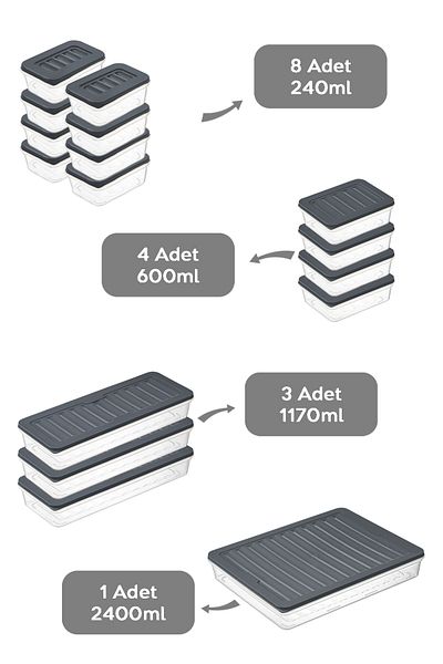 Meleni Home 16 Pieces Anthracite Storage Container - 1X2400Ml 3X1170Ml 4X600Ml 8X240Ml Suitable for Microwave and Diffraction