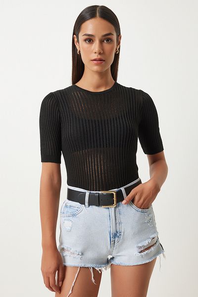 Happiness İstanbul Schwarze leichte Strickbluse – Transparentes Design FN03210