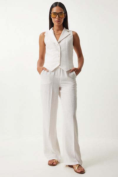 Happiness İstanbul Ecrufarbenes, leichtes, transparentes Damen-Weste-Hosen-Set mit Schalkragen FN03231