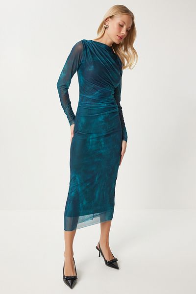 Happiness İstanbul Grünes, detailliertes Damenkleid aus Tüll – gerafftes Saran-Modell DK00173