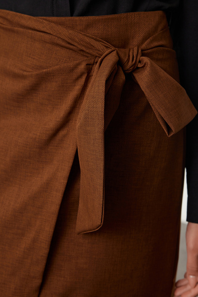Trendyol Collection Linen Woven Look Double Breasted Skirt - with Tie Detail, Brown Twoaw25et00134
