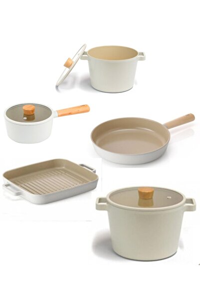 NEOFLAM Fika Bej Döküm Alüminyum 8 Parça Tencere Seti 22-28 Tencere 28 Tava 1...