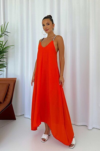 Mine Tan Butik Μακρύ πορτοκαλί φόρεμα με λεπτές τιράντες με λαιμόκοψη