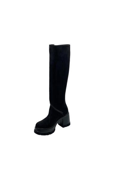 bescobel Cizme Toyhan din piele intoarsa neagra cu toc inalt - Fermoar lateral, 9 Cm