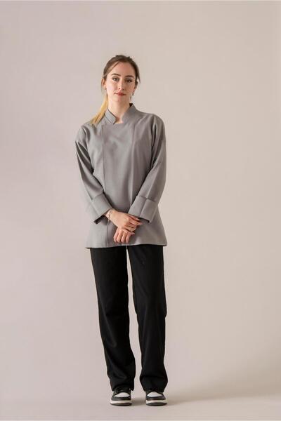 APP-RON C-04 SOFT LINEN - Gri Keten Şef Ceketi Kadın
