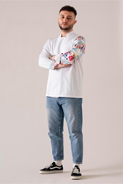 APP-RON C-19 FLOWERY SKULL - Çiçek ve Kuru Kafa Desenli Tasarım Beyaz Şef Ceketi