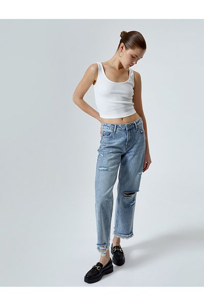 Koton Gerade Jeans mit geradem Bein, zerrissene Baumwolle, Standardbund – Eve Jean