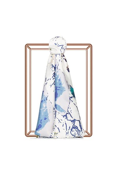 ipekevi White Navy Blue Wild Rose Patterned Silk Shawl