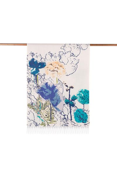 ipekevi White Navy Blue Wild Rose Patterned Silk Shawl