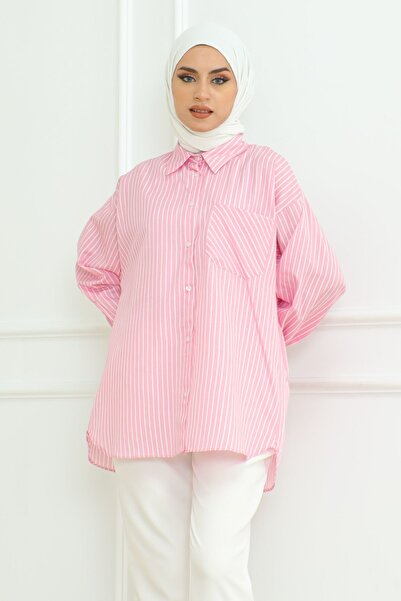 Eliva Γυναικείο ροζ ριγέ μακρυμάνικο πουκάμισο Hijab με μονή τσέπη