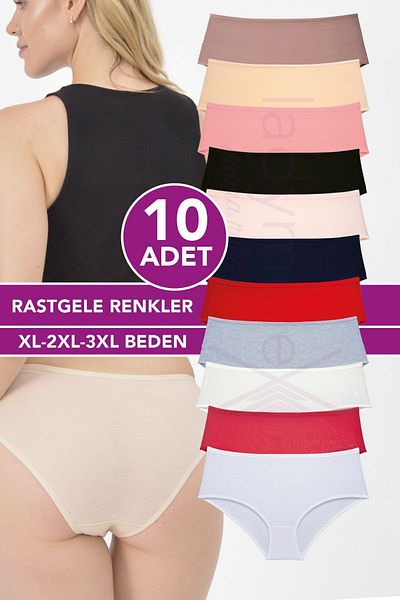 LadyMelex Ψηλόμεση Γυναικεία Σλιπ - 10 Τεμάχια (XL-2XL-3XL) Τυχαία Χρώματα, Βαμβακερά Σλιπ, Μικτά Χρώματα