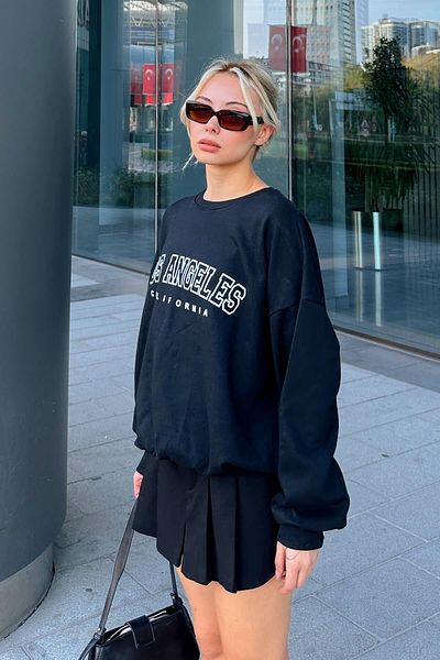 Swist Schwarzes, bedrucktes Joel Los Angeles-Sweatshirt aus Baumwolle mit Rundhalsausschnitt für Damen