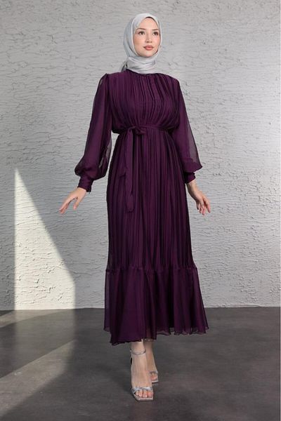 Lamia Giyim Purple Hijab Dress - Thin Pleated, Balloon Sleeve and Layered Ruffles