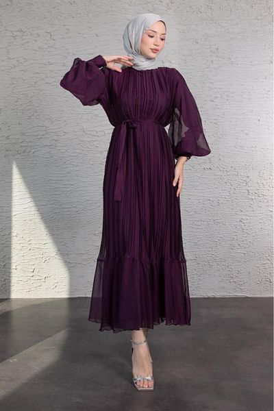 Lamia Giyim Purple Hijab Dress - Thin Pleated, Balloon Sleeve and Layered Ruffles