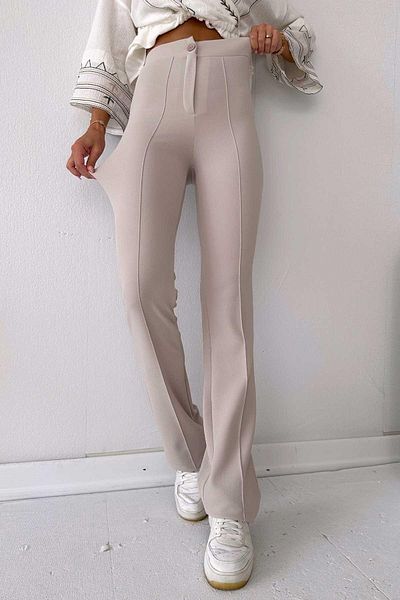 Mine Tan Butik High Waist Lycra Palazzo Women's Trousers - Beige