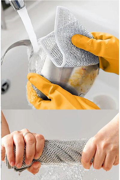 Hane216 Double Layer Dishwashing Wire and Sponge Cloth - Scouring-Proof Kitchen and Bathroom Cloth