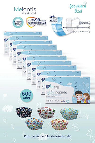 Melantis Meltblownlu 3 Katlı Telli Cerrahi Maske Erkek Çocuk 10 Kutu = 500 Ad...
