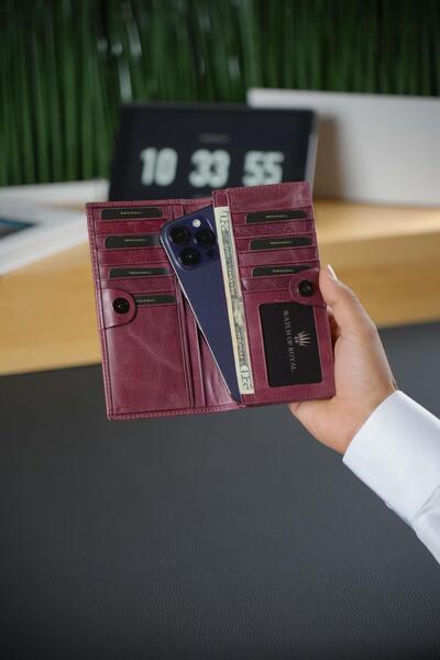 WATCHOFROYAL Paris Crazy Burgundy Genuine Leather Phone Wallet