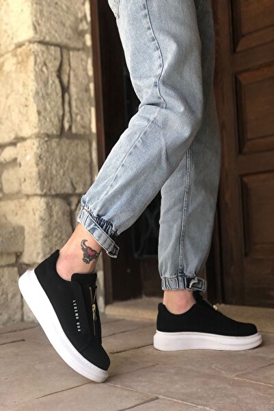 Rainon Store Black Leather Zippered Outdoor Men's Sneaker