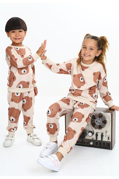 Lolliboomkids Σετ αθλητικής φόρμας με απαλή υφή 2 κλωστών καφέ - Χαριτωμένο και χαρακτήρες με στάμπα Unisex