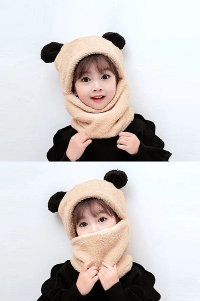 Nurnivus Cute Panda Patterned Plush Beanie for 3-6 Year Old Children - with Ears, Hoodie and Windproof