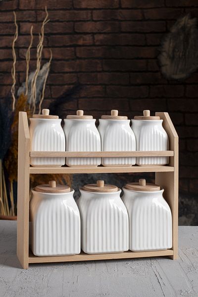 Karçiçeği Home 7-Piece Spice Storage Jar Set with Porcelain and Wooden Stand