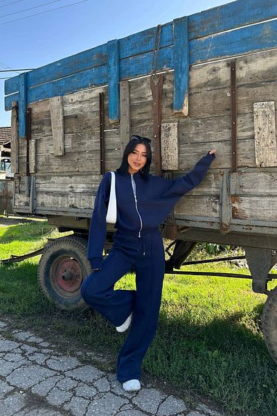 Neşeli Butik Σετ γυναικεία φόρμα με φερμουάρ Navy Blue - NBG026 Winter Casual Sweatpants