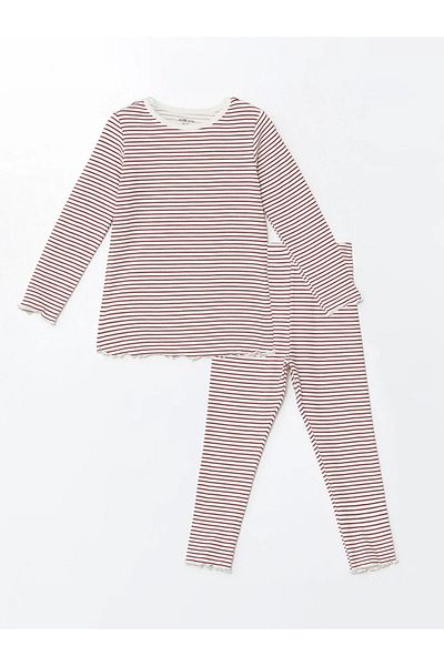 LC Waikiki Lcw Baby Ecru Printed Crew Neck Long Sleeve Striped Baby Girl Pajamas Suit