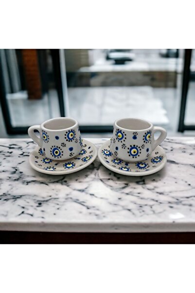şeffafavm Nazar Boncuğu Kabartma Desenli El Yapımı Seramik Fincan 2'Li