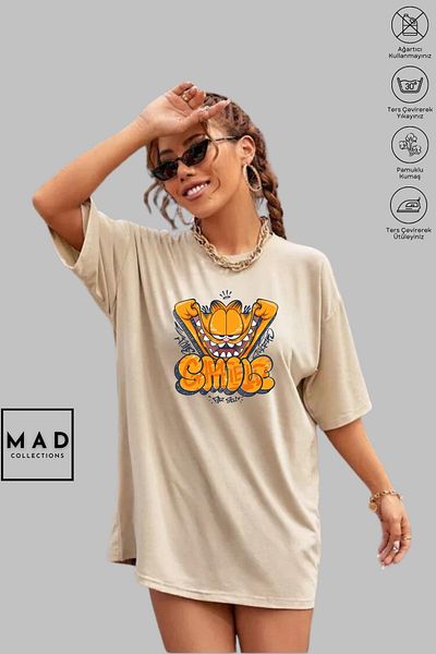 MAD COLLECTİON MAD COLLECTION Unisex Oversize Crew λαιμόκοψη βαμβακερό GARFIELD SMILE εμπριμέ κοντομάνικο μπλουζάκι