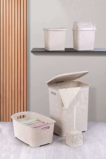 ALP HOME Dantel Desen 5 Parça Banyo Seti Kirli Sepeti Çamaşır Selesi Deterjan...