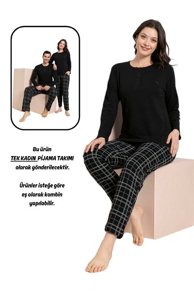 bie's Γυναικείο σετ πιτζάμες BlackModalPlaid - Μακρύ μανίκι και τσέπη