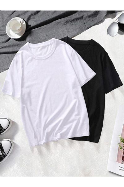 Mambo Unisex Pack of 2 Black-white Basic Oversize Combed Cotton T-shirt T-Shirt