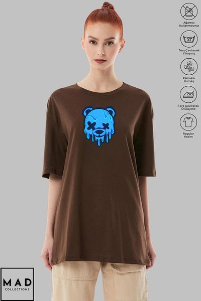 MAD COLLECTİON MAD COLLECTION Unisex Oversize Crew λαιμόκοψη βαμβακερό αρκουδάκι με στάμπα κοντομάνικο μπλουζάκι