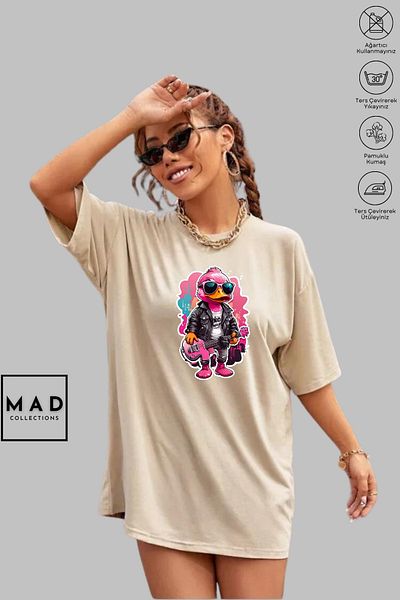 MAD COLLECTİON MAD COLLECTION Unisex Oversize Crew λαιμόκοψη βαμβακερό ροζ DUCK εμπριμέ κοντομάνικο μπλουζάκι