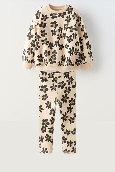 Ladin Store New Season Girls - Βαμβακερό φούτερ με στάμπα λουλουδιών και κολάν με ραβδώσεις