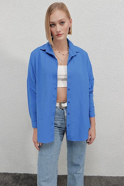 hazelin Cămașă de bază lungă oversize albastră pentru femei Hzl22w-bd139001