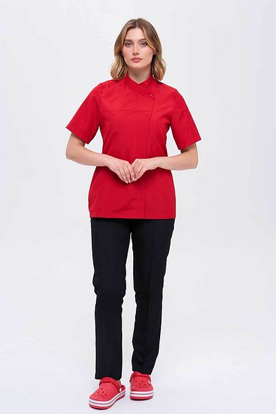 TIPTEKS Women's Royal Short Sleeve Red Chef Jacket and Black Full Elastic Trousers Double Set