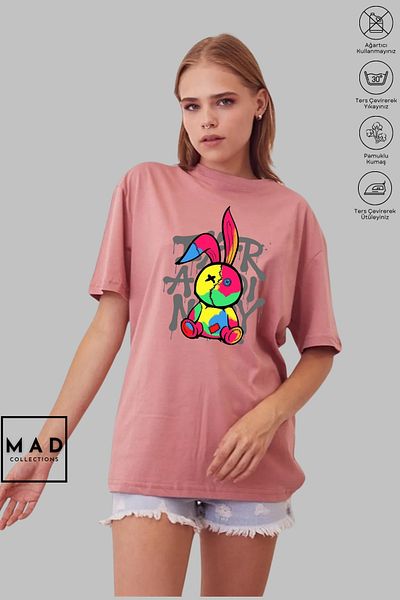 MAD COLLECTİON MAD COLLECTION Unisex Oversize Crew λαιμόκοψη, βαμβακερή ραφή με κουνέλι με στάμπα κοντομάνικο μπλουζάκι